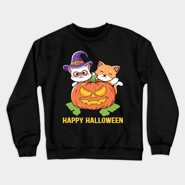 Funny Cat Halloween Pumpkin Crewneck Sweatshirt by frondorfelda